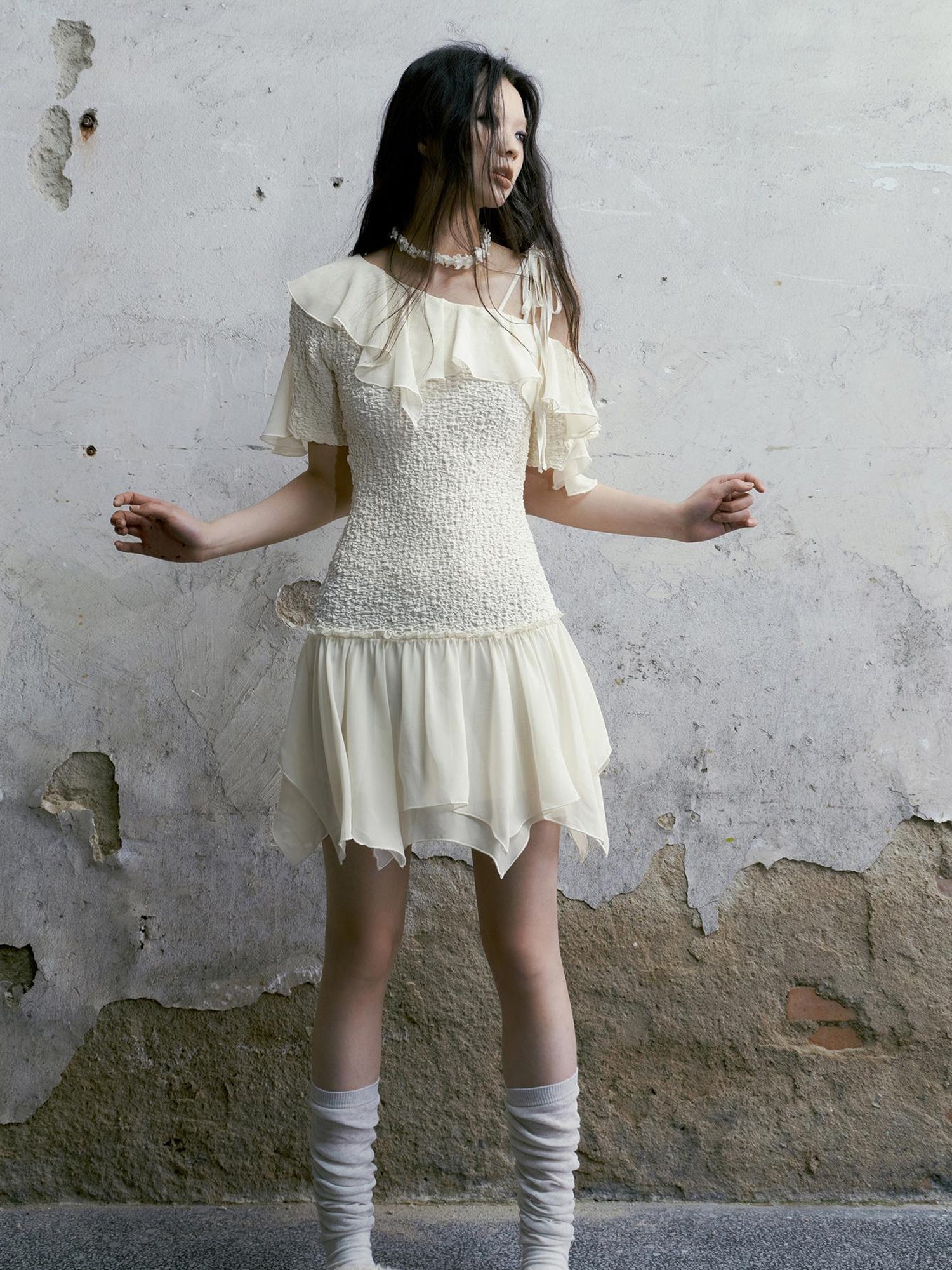 Cest Nous Punk Wave Off Shoulder Knitted Chiffon Dress