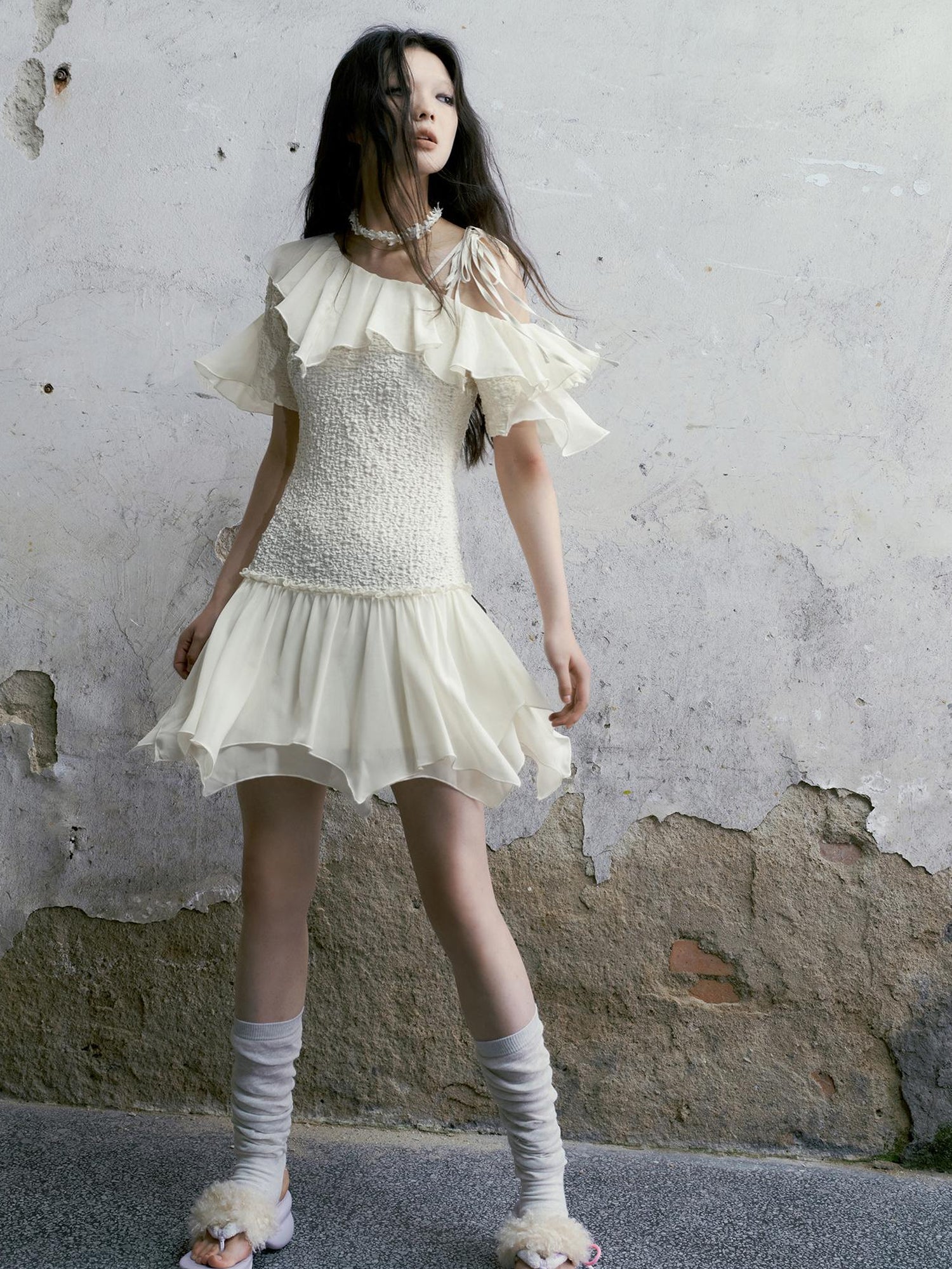 Cest Nous Punk Wave Off Shoulder Knitted Chiffon Dress