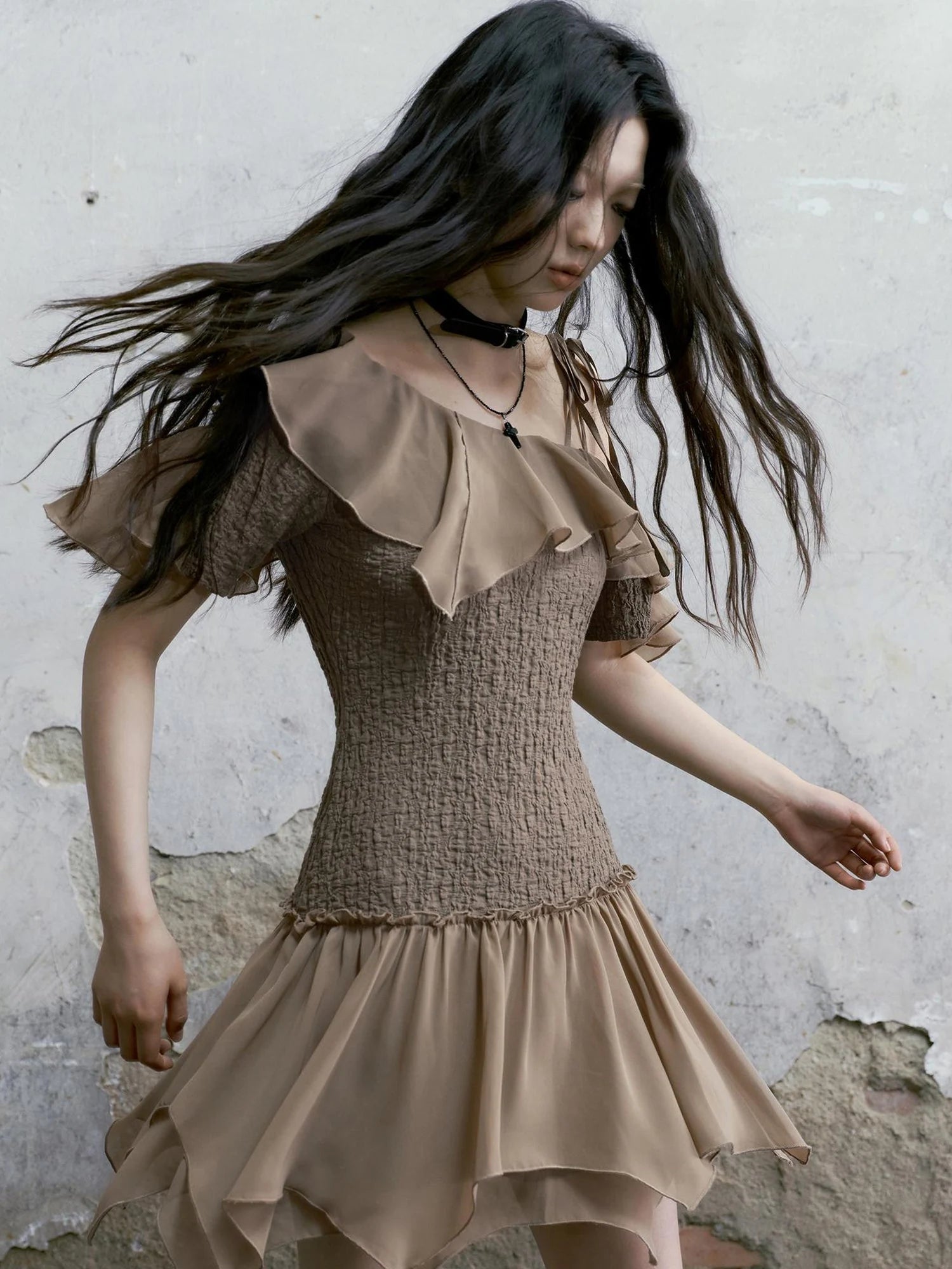 Punk Wave Off Shoulder Knitted Chiffon Dress