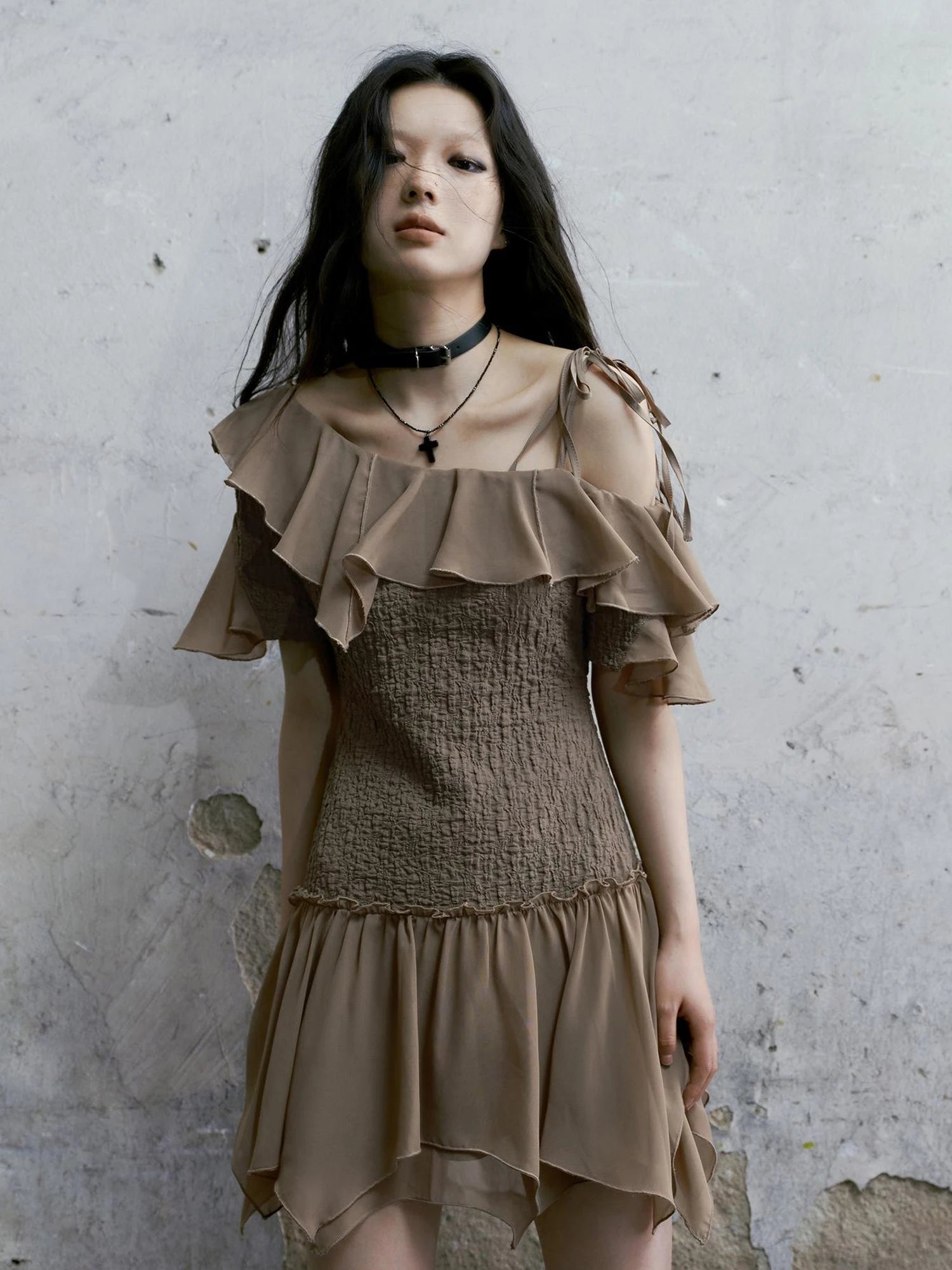 Punk Wave Off Shoulder Knitted Chiffon Dress