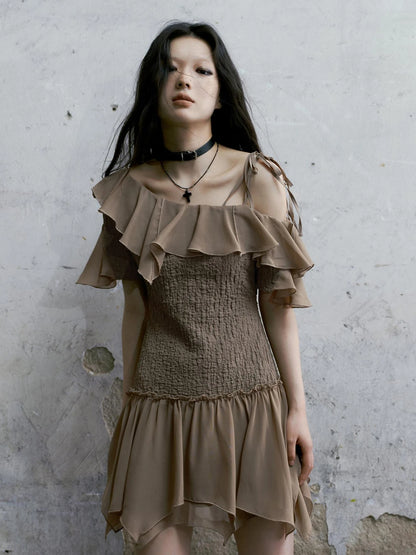 Punk Wave Off Shoulder Knitted Chiffon Dress