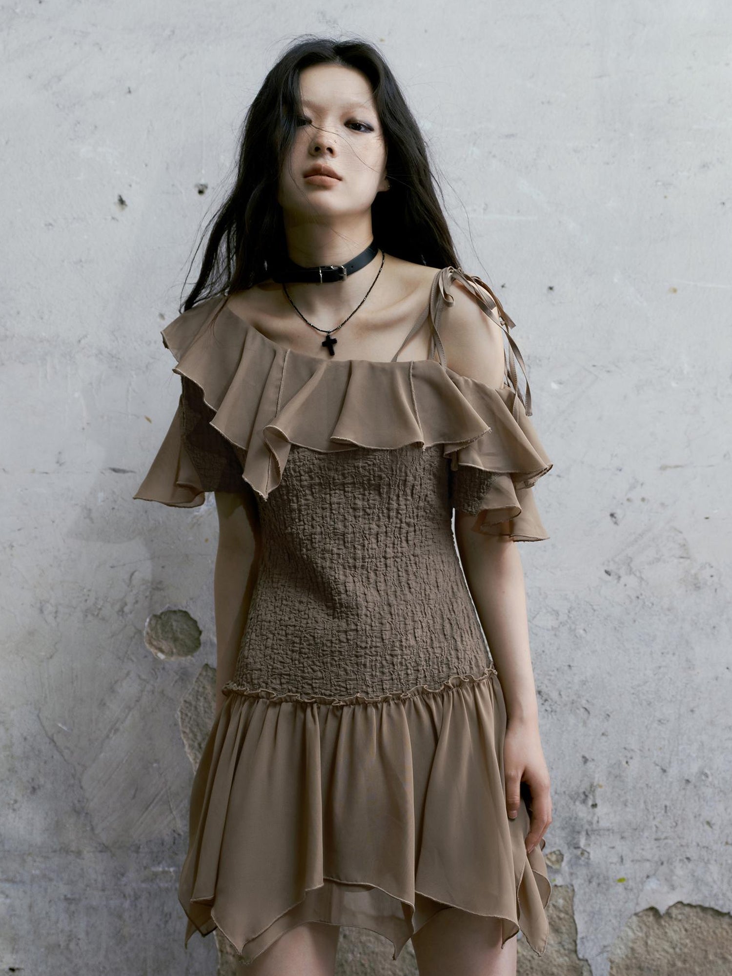 Cest Nous Punk Wave Off Shoulder Knitted Chiffon Dress