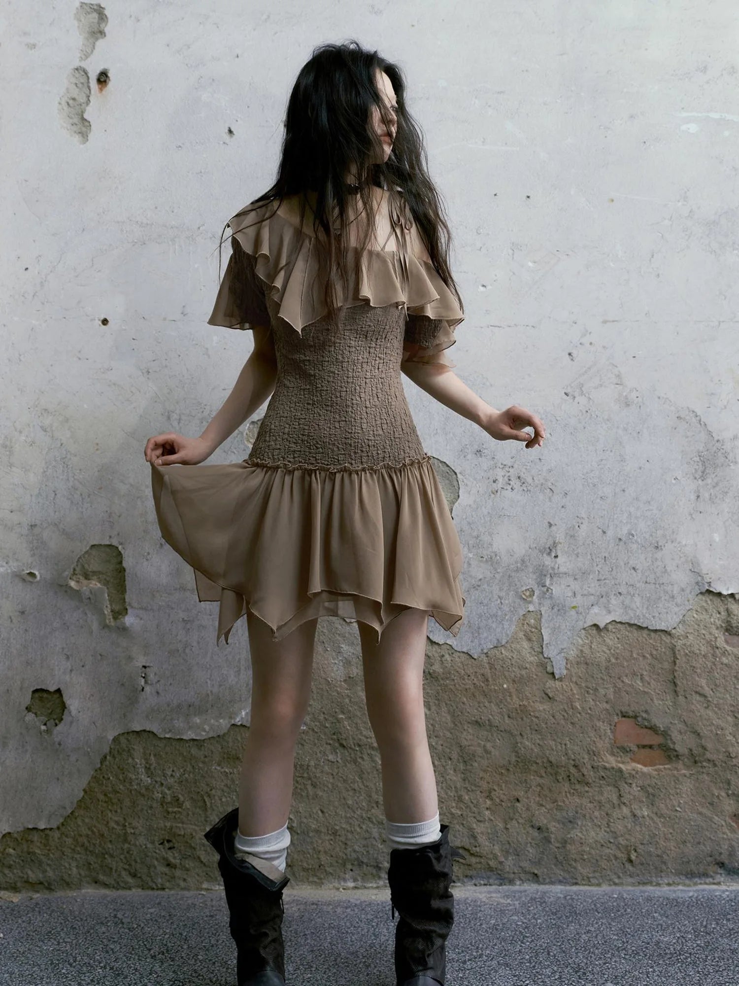 Punk Wave Off Shoulder Knitted Chiffon Dress