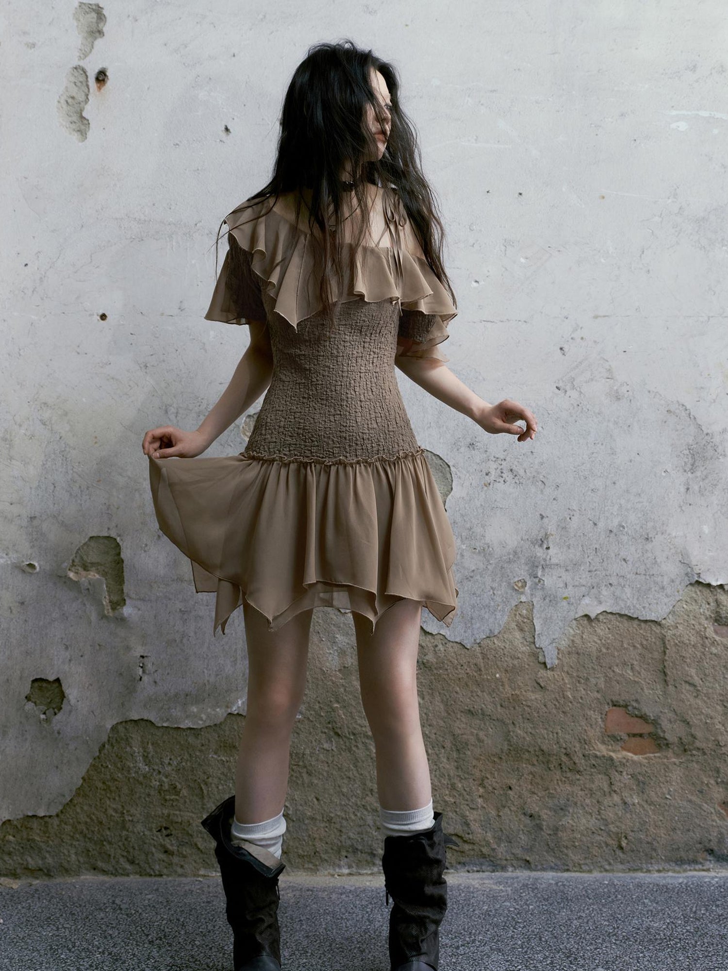 Cest Nous Punk Wave Off Shoulder Knitted Chiffon Dress