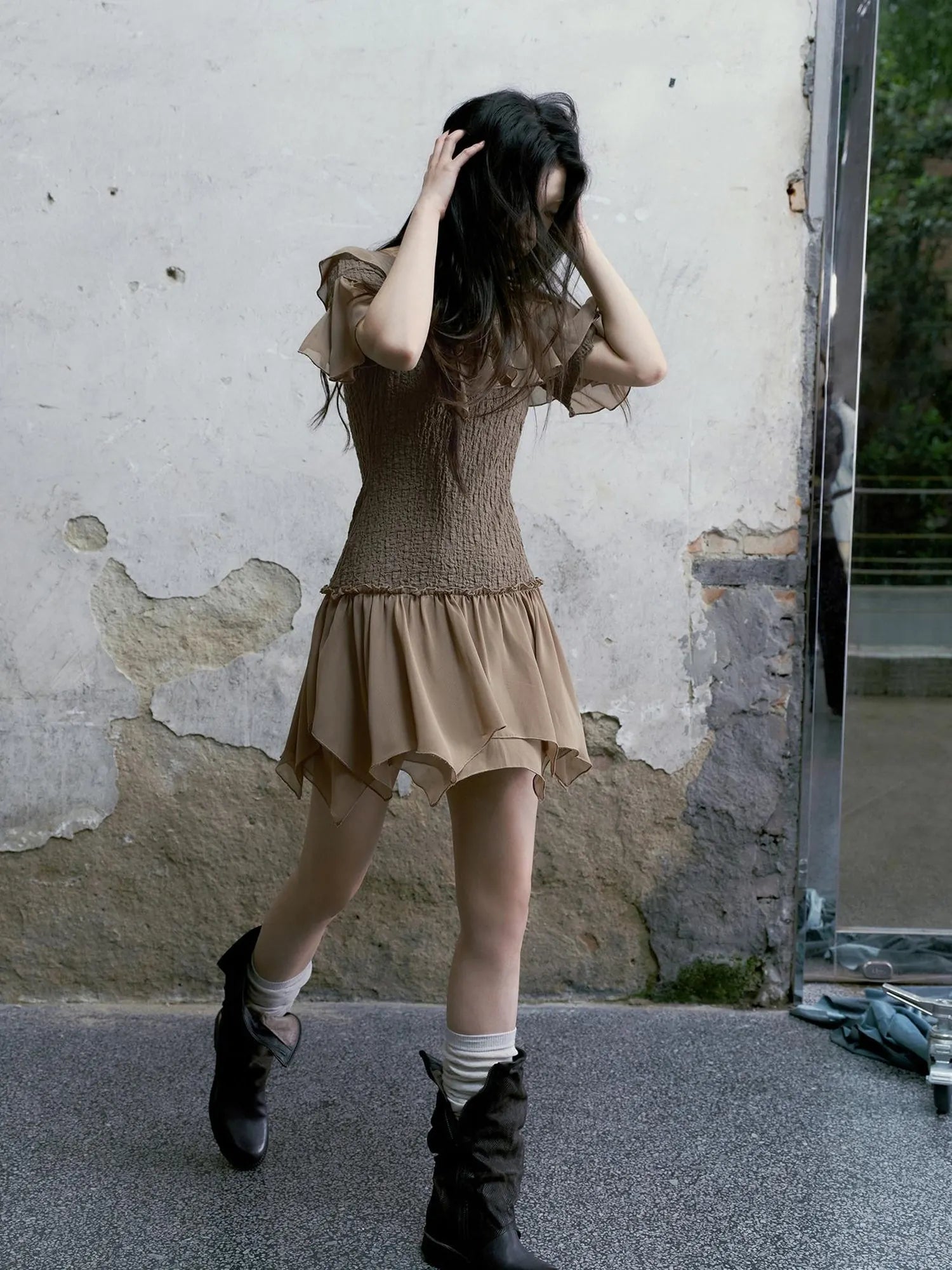 Punk Wave Off Shoulder Knitted Chiffon Dress