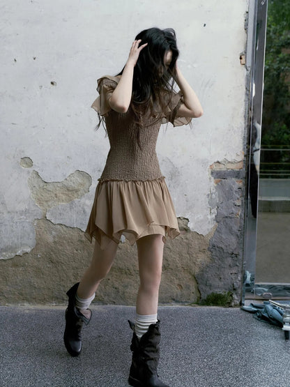 Punk Wave Off Shoulder Knitted Chiffon Dress