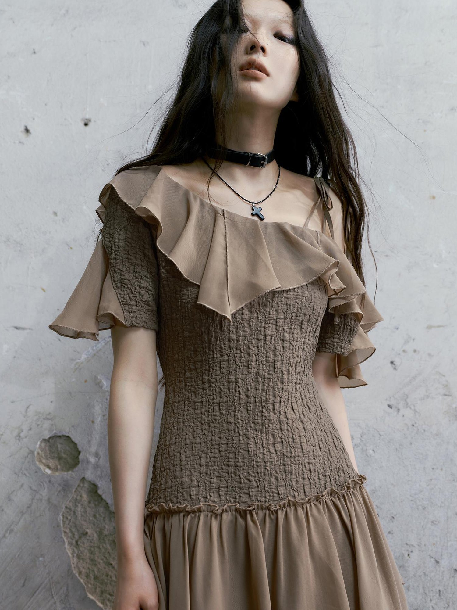 Cest Nous Punk Wave Off Shoulder Knitted Chiffon Dress