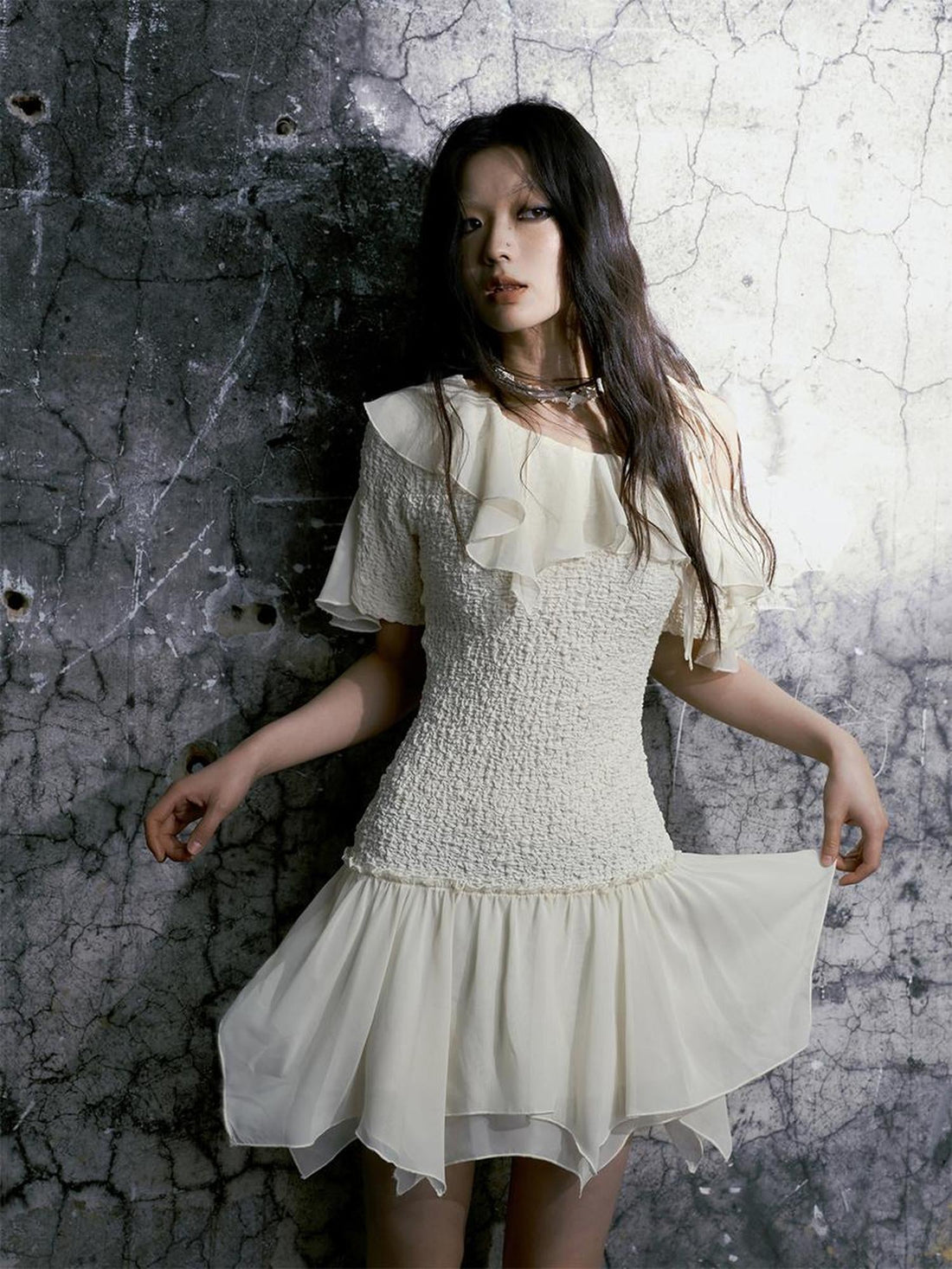 Cest Nous Punk Wave Off Shoulder Knitted Chiffon Dress