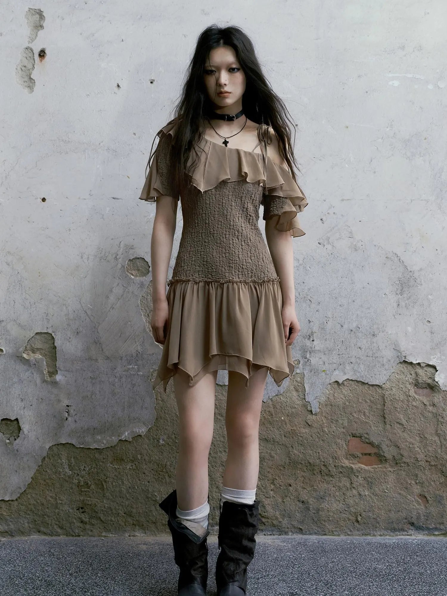 Punk Wave Off Shoulder Knitted Chiffon Dress