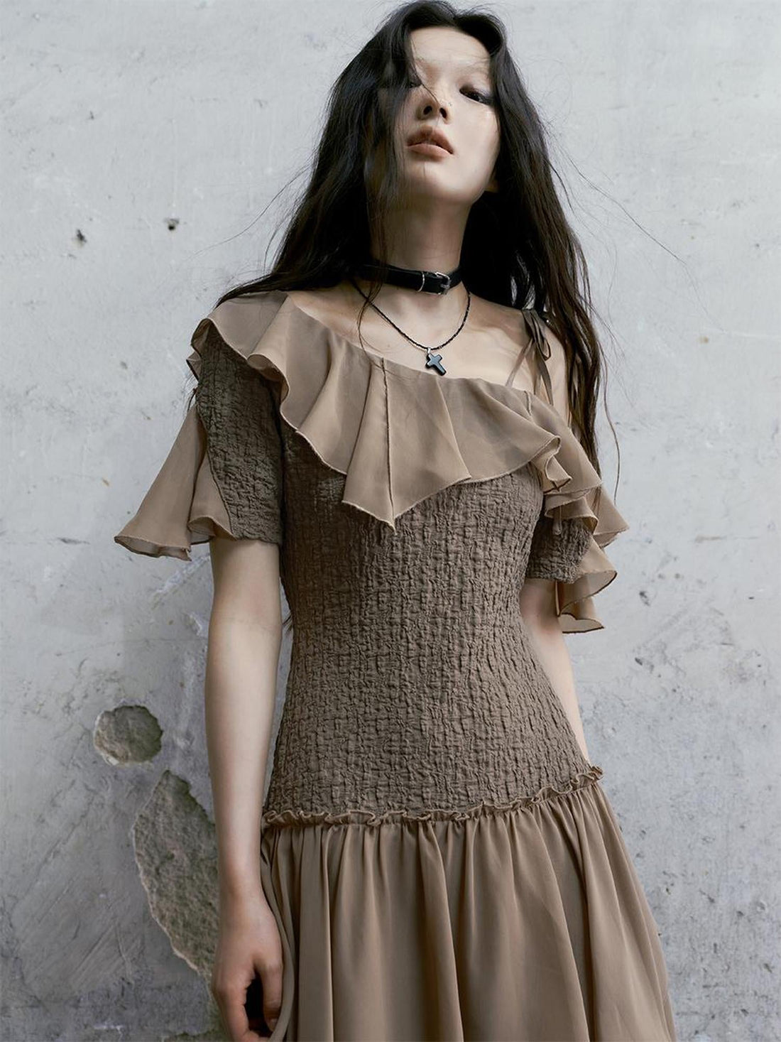 Cest Nous Punk Wave Off Shoulder Knitted Chiffon Dress