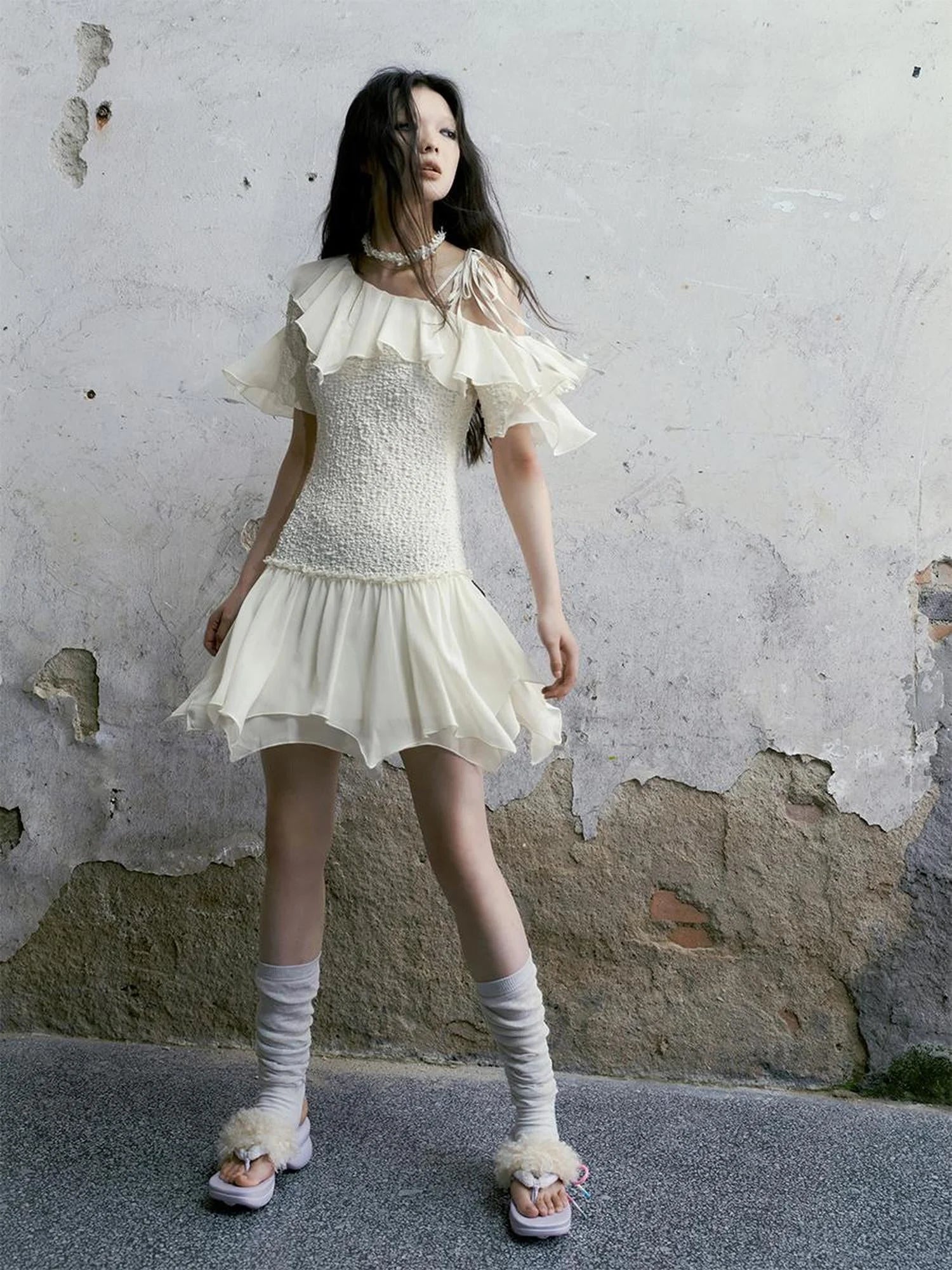 Punk Wave Off Shoulder Knitted Chiffon Dress