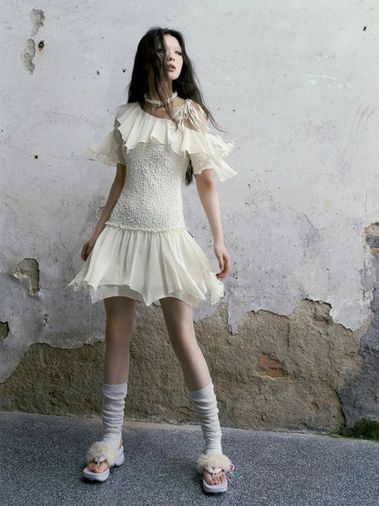 Punk Wave Off Shoulder Knitted Chiffon Dress