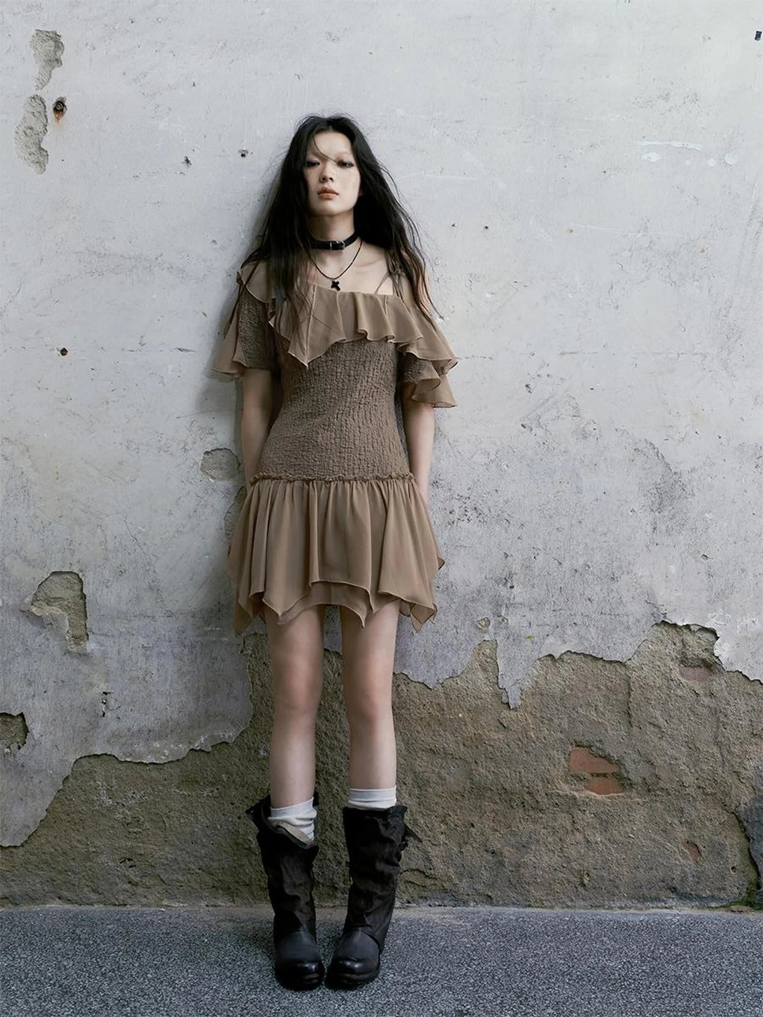 Punk Wave Off Shoulder Knitted Chiffon Dress