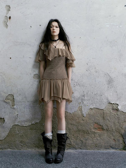 Punk Wave Off Shoulder Knitted Chiffon Dress