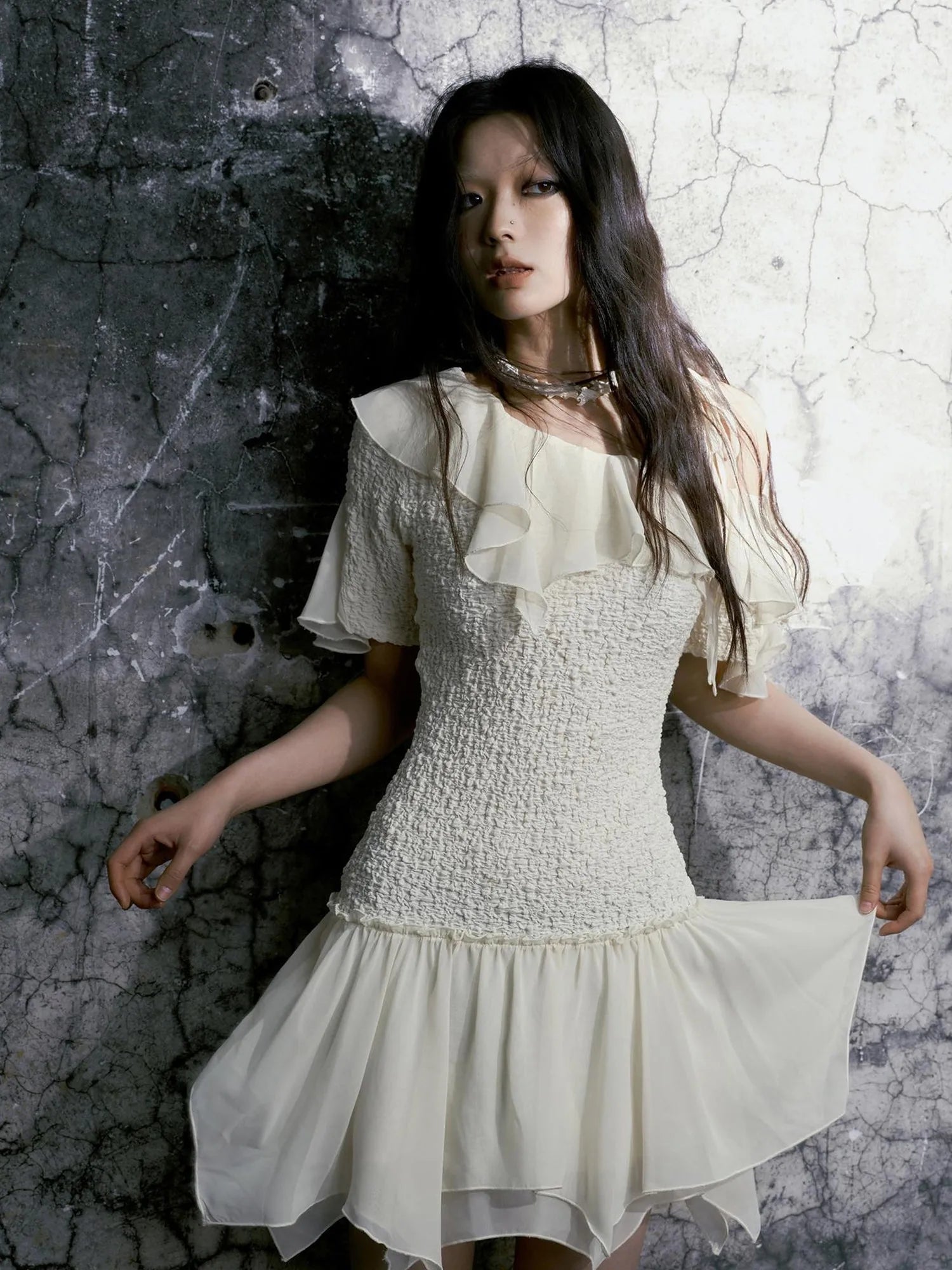 Punk Wave Off Shoulder Knitted Chiffon Dress