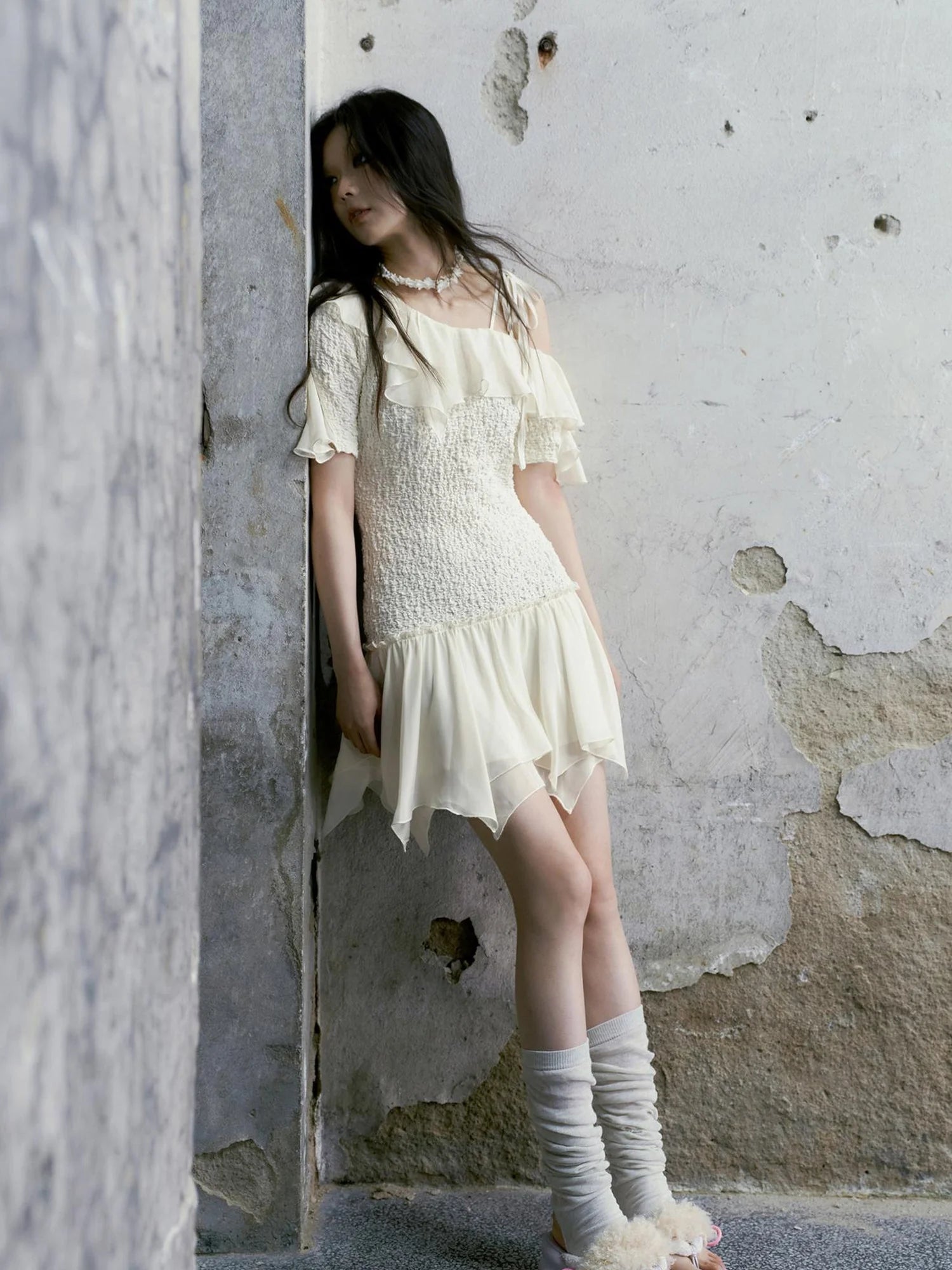 Punk Wave Off Shoulder Knitted Chiffon Dress