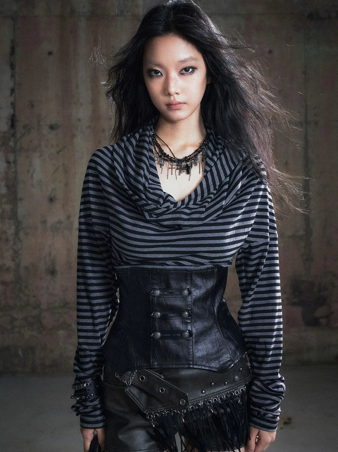 Retro Knight Corset Top With Striped Draped Neck