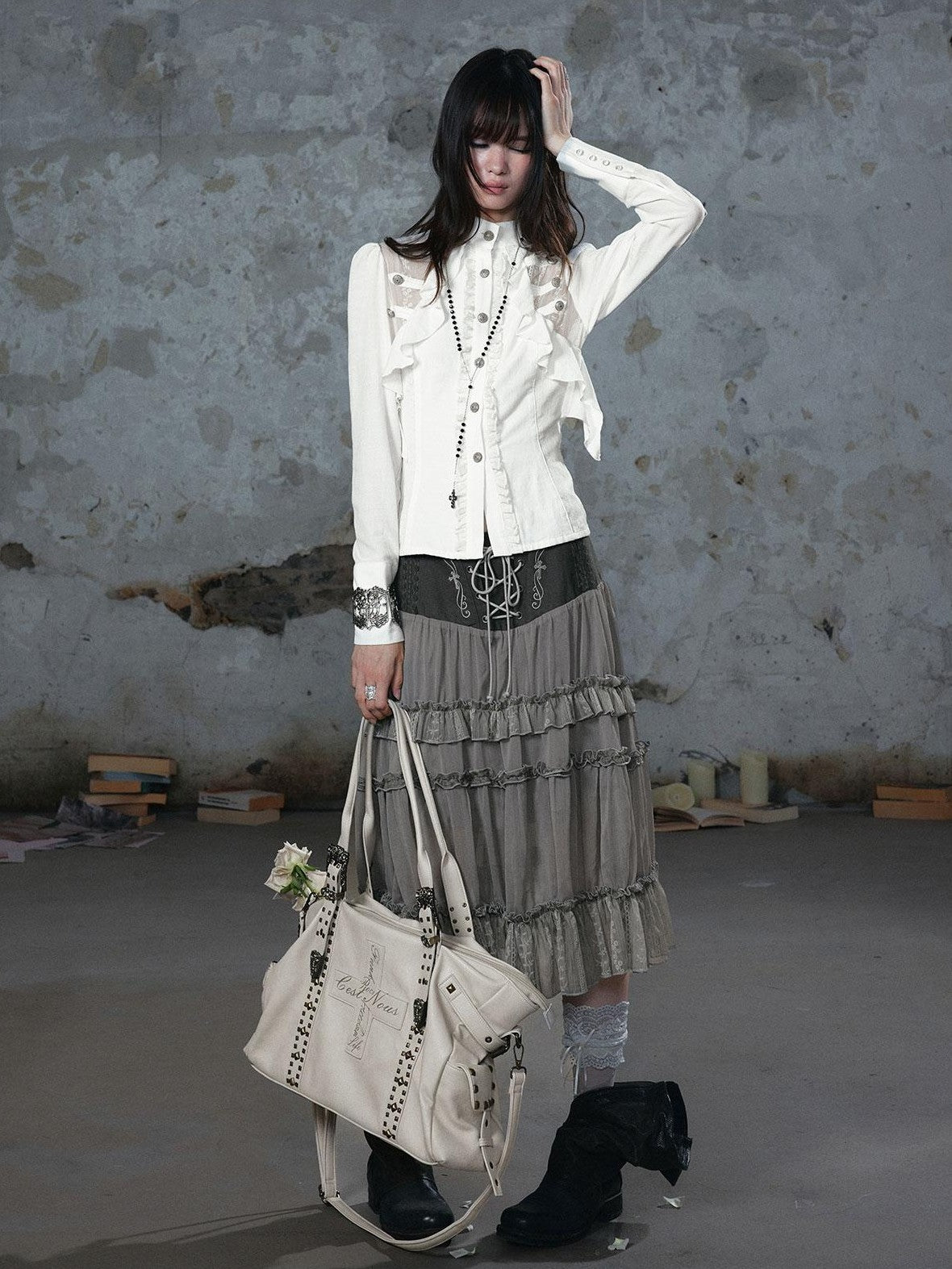 Cest Nous Romantic Lace Ruffle Waist Spliced Open Cardigan Women&