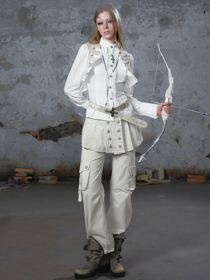 Cest Nous Romantic Lace Ruffle Waist Spliced Open Cardigan Women&