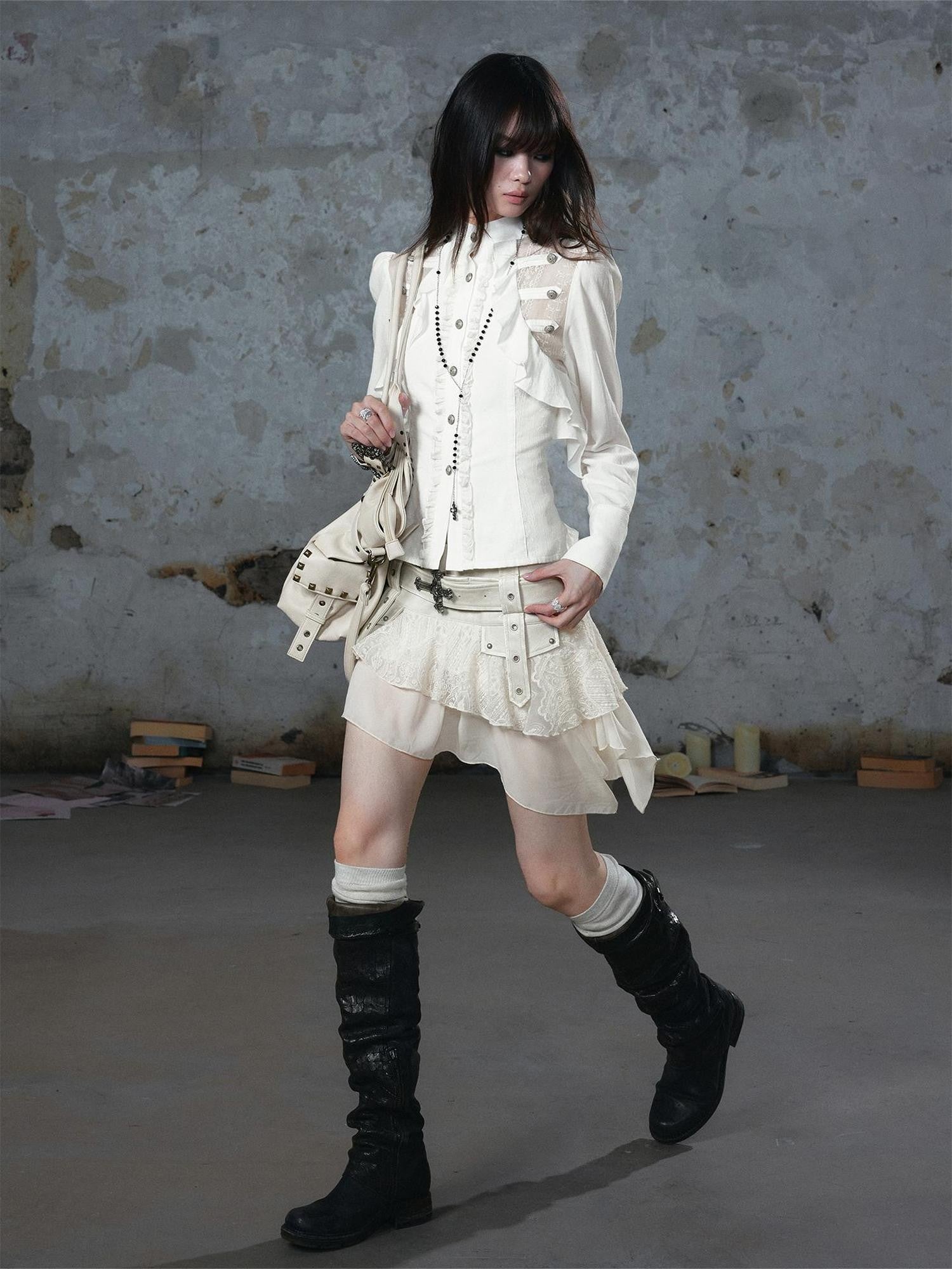 Cest Nous Romantic Lace Ruffle Waist Spliced Open Cardigan Women&