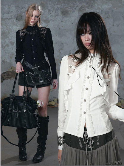 Cest Nous Romantic Lace Ruffle Waist Spliced Open Cardigan Women&