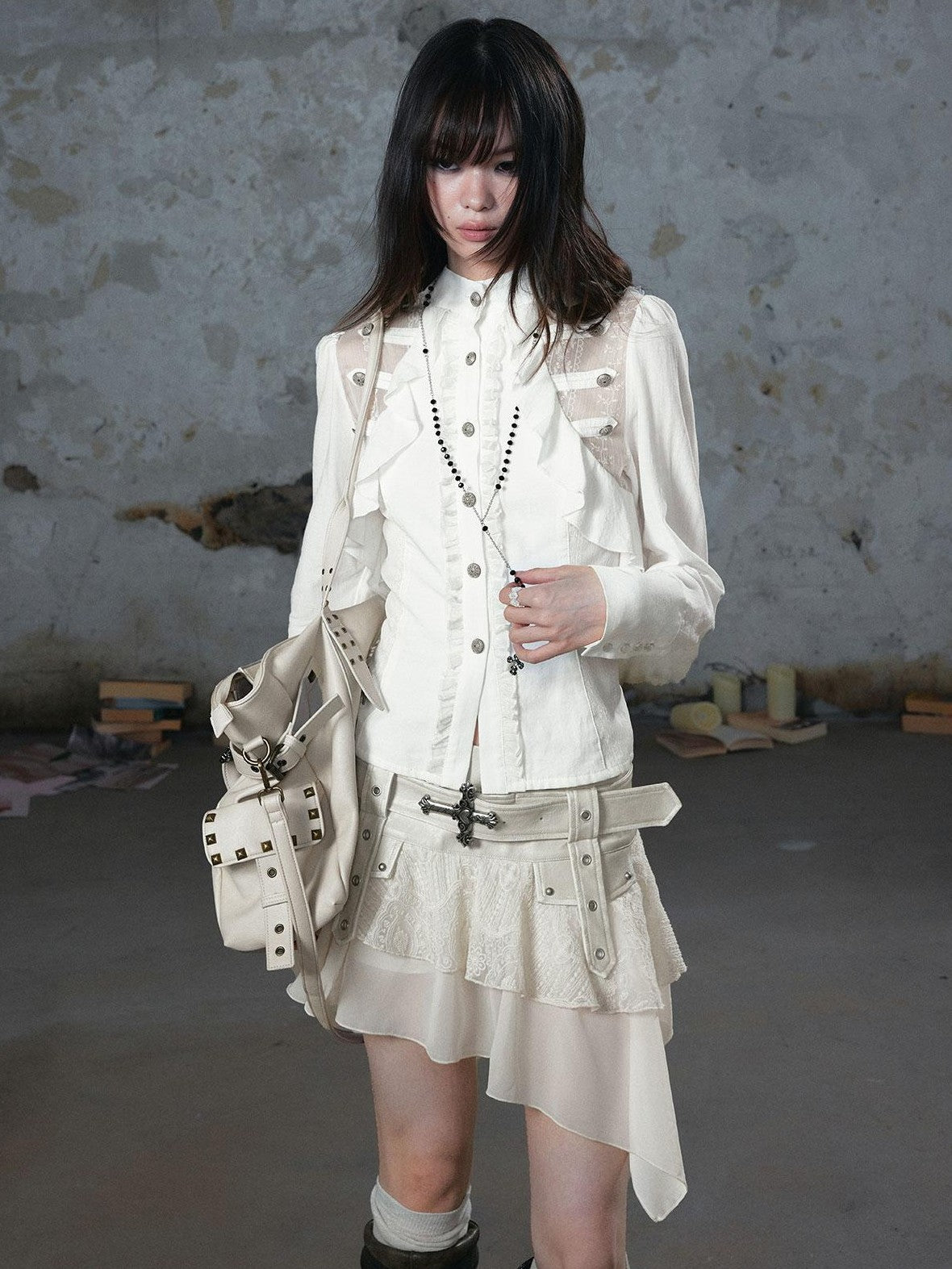 Cest Nous Romantic Lace Ruffle Waist Spliced Open Cardigan Women&