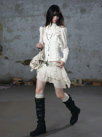 Cest Nous Romantic Lace Ruffle Waist Spliced Open Cardigan Women&