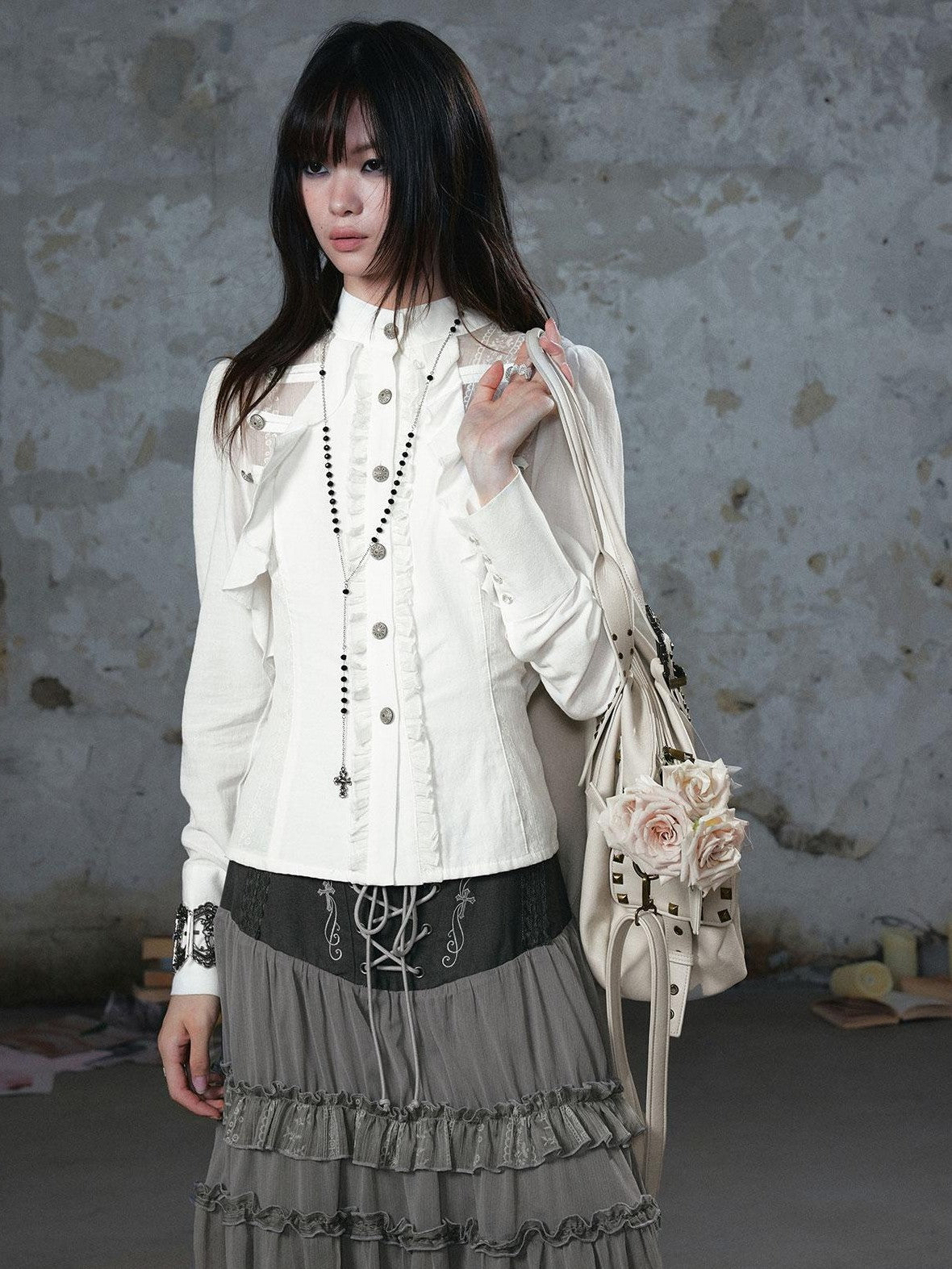 Cest Nous Romantic Lace Ruffle Waist Spliced Open Cardigan Women&