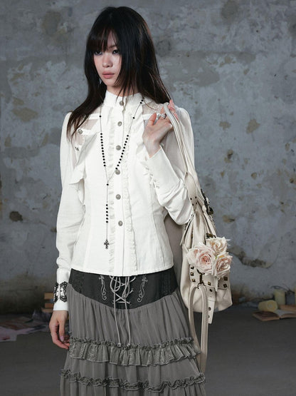 Cest Nous Romantic Lace Ruffle Waist Spliced Open Cardigan Women&