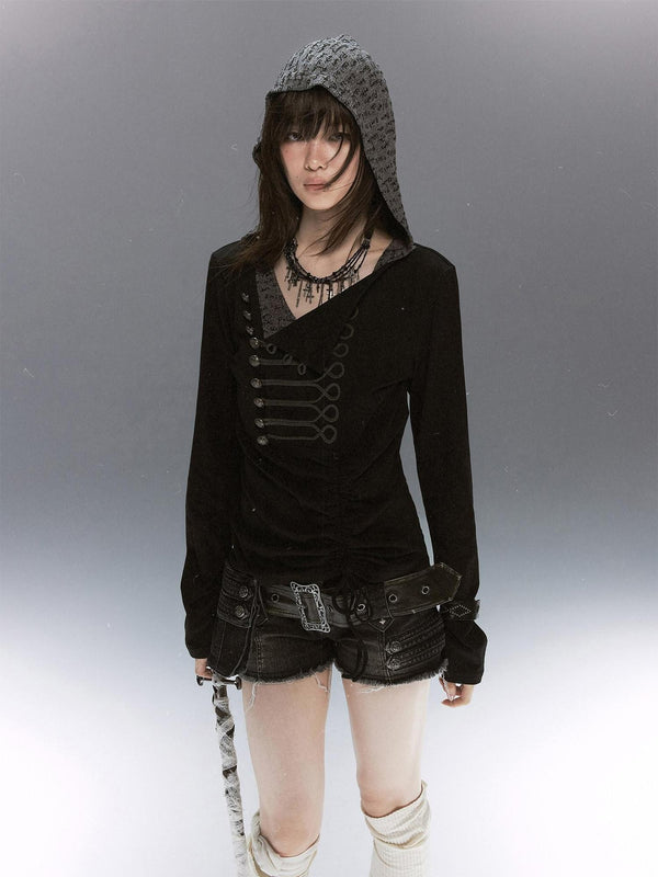 Rope Knot Buckle Lettered Hooded Contrast Women's Cotton Long Sleeve T-shirts