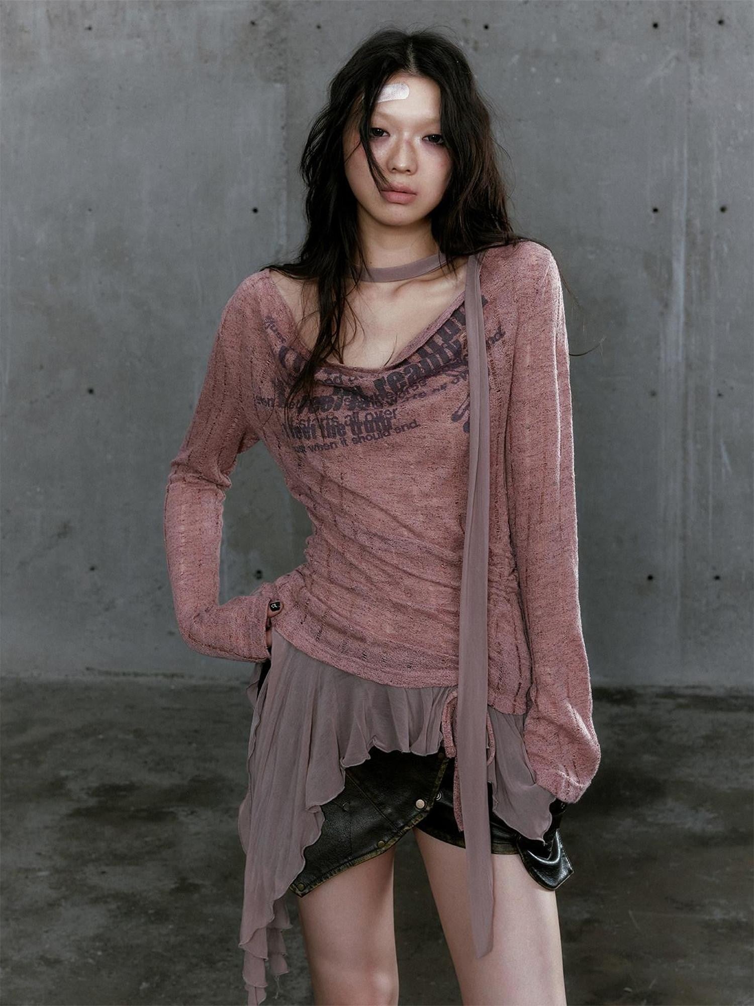 Cest Nous Ruffled Patchwork Cutout Graffiti Knit Women&