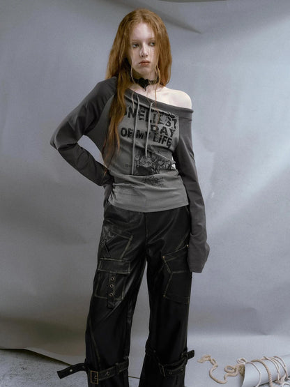 Run From Bad Love Asymmetrical Shoulder Graphic Knit Top