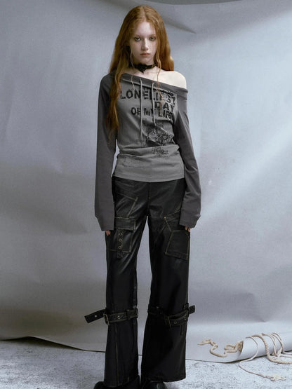 Run From Bad Love Asymmetrical Shoulder Graphic Knit Top