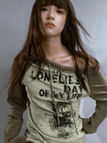 Cest Nous Run From Bad Love Asymmetrical Shoulder Graphic Knit Top
