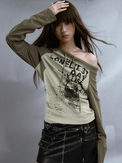 Cest Nous Run From Bad Love Asymmetrical Shoulder Graphic Knit Top