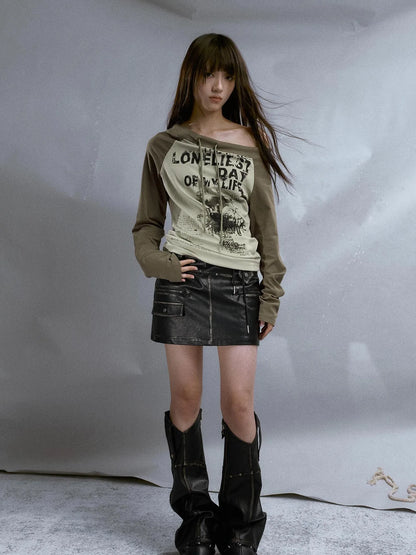 Run From Bad Love Asymmetrical Shoulder Graphic Knit Top