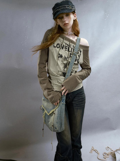 Run From Bad Love Asymmetrical Shoulder Graphic Knit Top