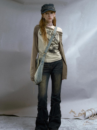 Cest Nous Run From Bad Love Asymmetrical Shoulder Graphic Knit Top