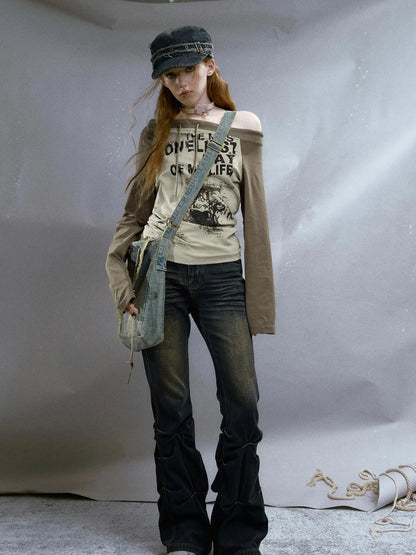 Run From Bad Love Asymmetrical Shoulder Graphic Knit Top