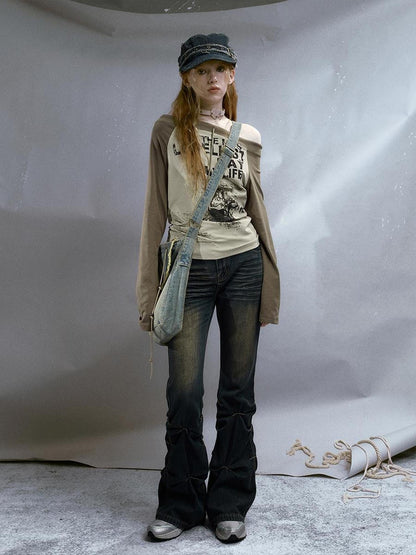 Cest Nous Run From Bad Love Asymmetrical Shoulder Graphic Knit Top