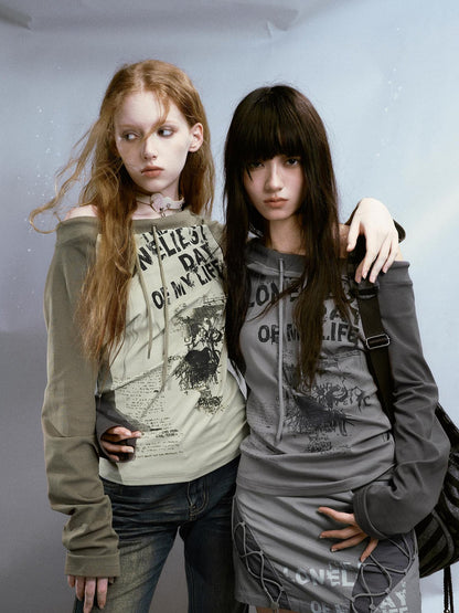 Cest Nous Run From Bad Love Asymmetrical Shoulder Graphic Knit Top