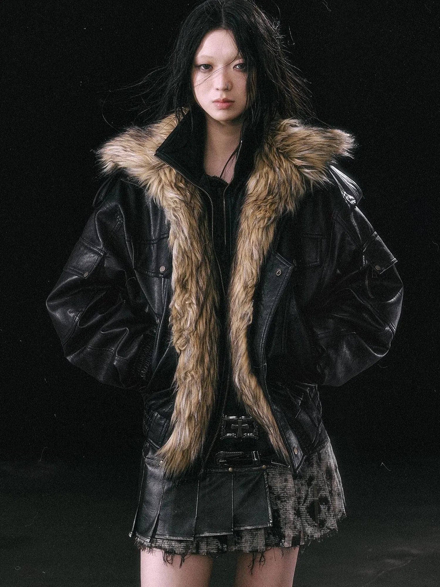 Runaway Flight Leather Jacket with Detachable Fur Collar