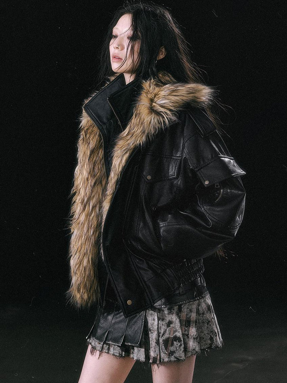 Update Cest Nous Runaway Flight Leather Jacket with Detachable Fur Collar