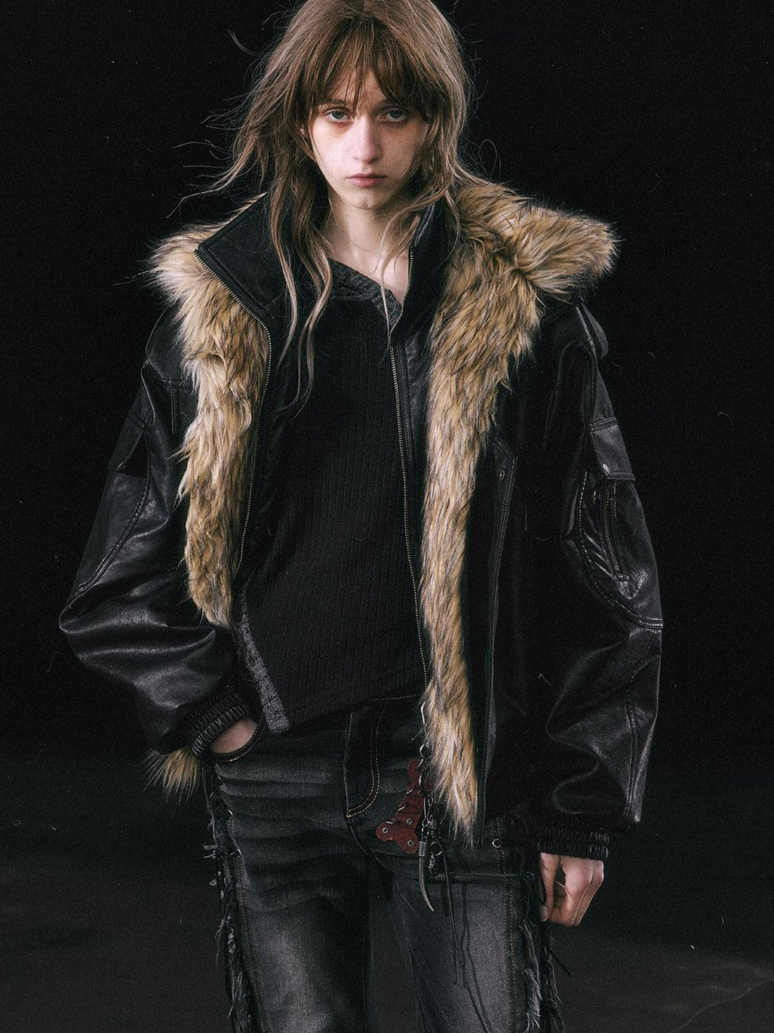 Update Cest Nous Runaway Flight Leather Jacket with Detachable Fur Collar