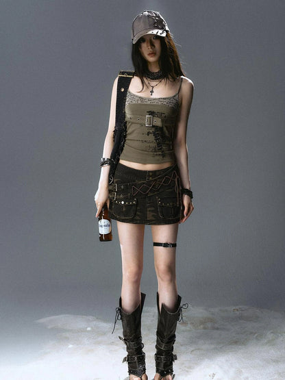 Sea Witch Poetry Belted Studded Camo Low Waist Mini Skirt