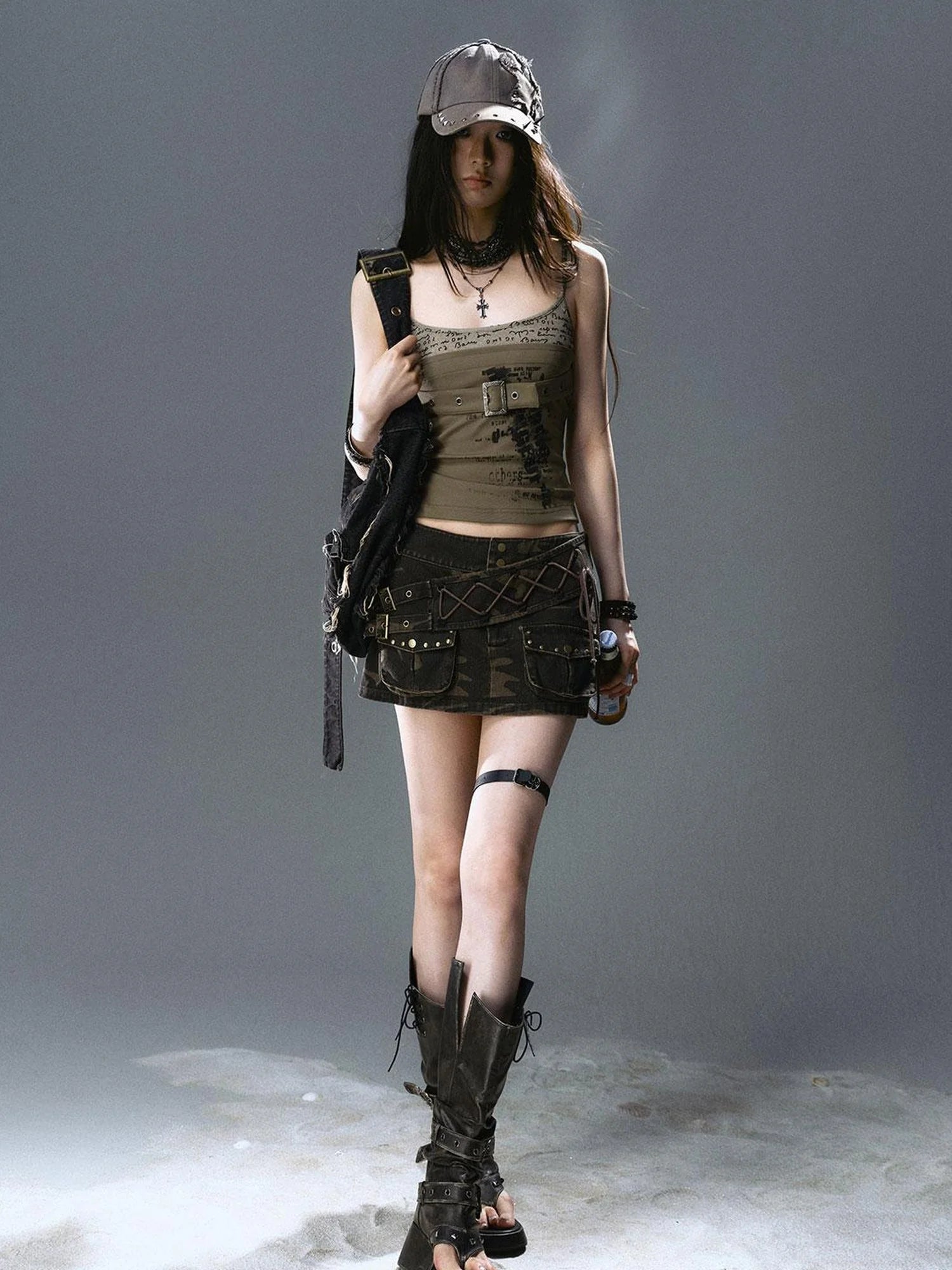 Sea Witch Poetry Belted Studded Camo Low Waist Mini Skirt