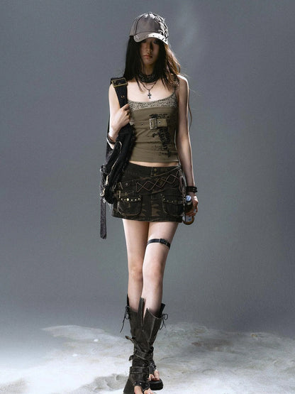 Sea Witch Poetry Belted Studded Camo Low Waist Mini Skirt