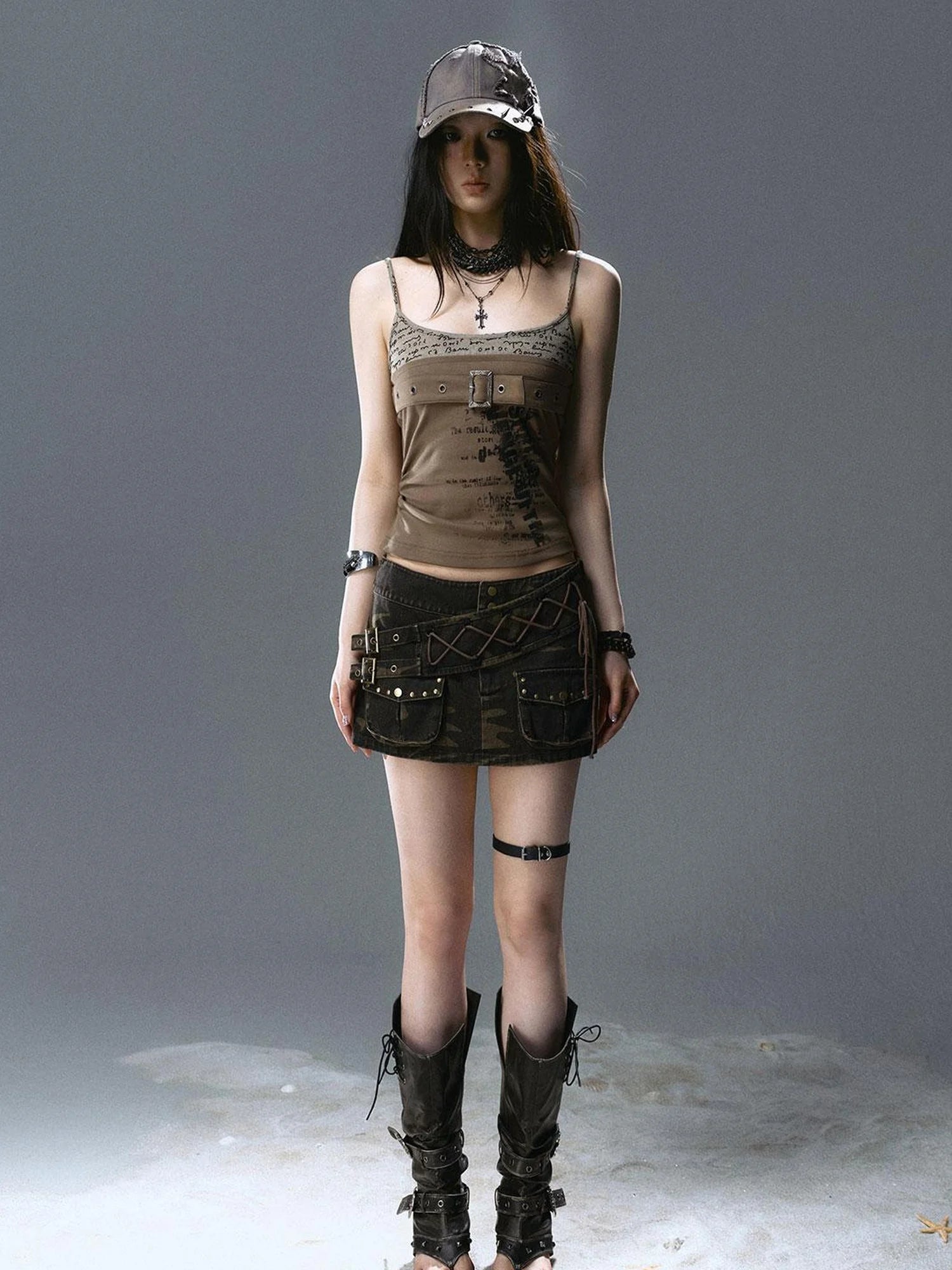 Sea Witch Poetry Belted Studded Camo Low Waist Mini Skirt