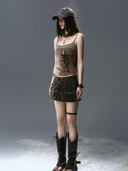 Sea Witch Poetry Belted Studded Camo Low Waist Mini Skirt