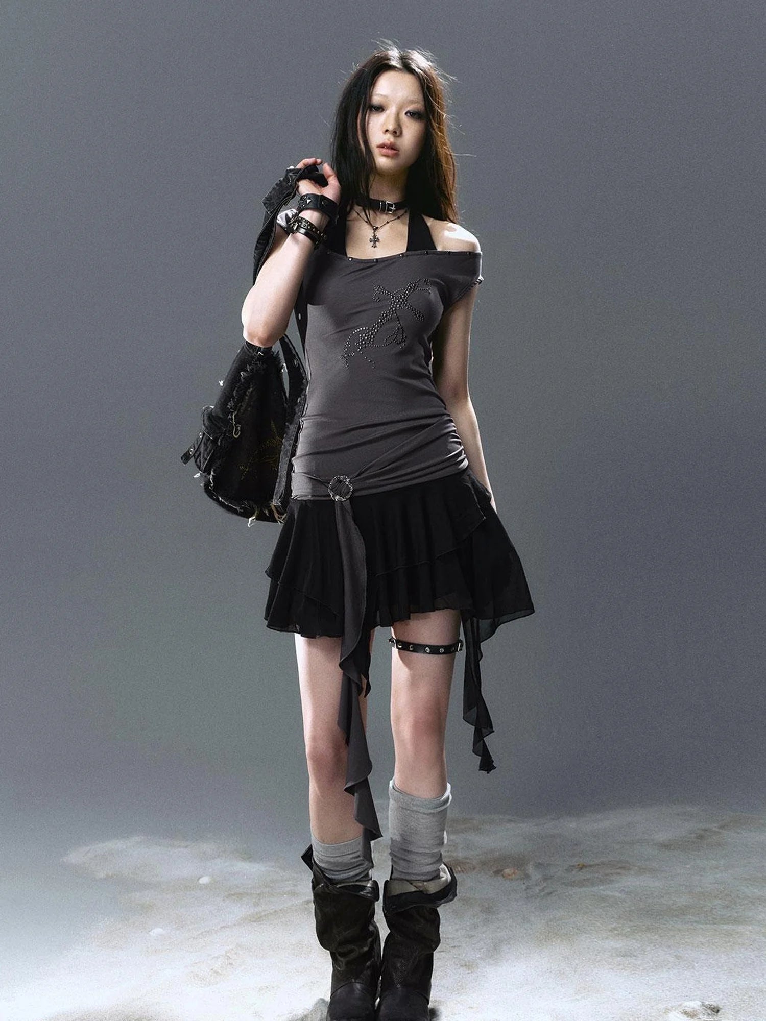 Sea Witch Poetry Cross Studded Slanted Hem Dress